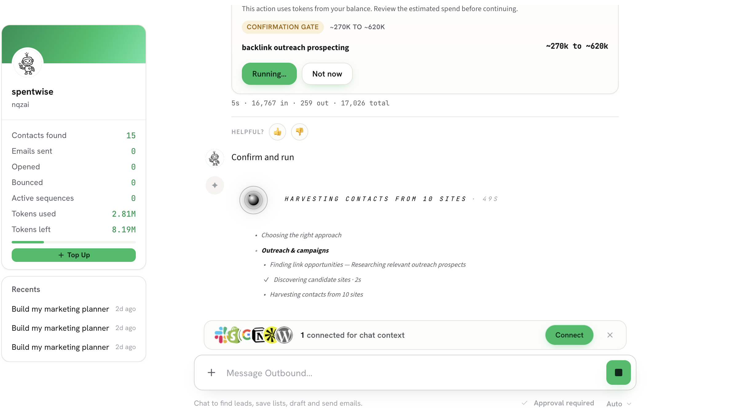 nqzai backlink outreach tool showing discovered guest-post and resource-page targets with resolved contacts, ready to draft outreach