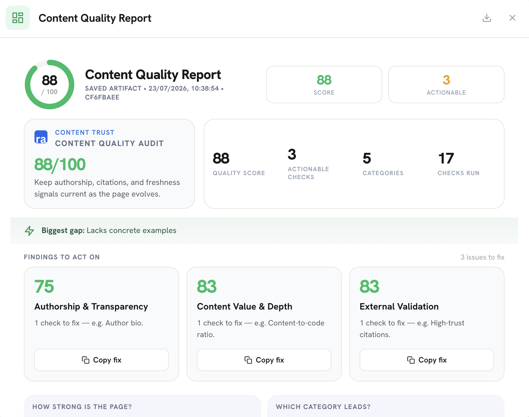 nqzai content quality report showing an 88/100 E-E-A-T score across authorship, content depth, and external validation, with actionable fixes